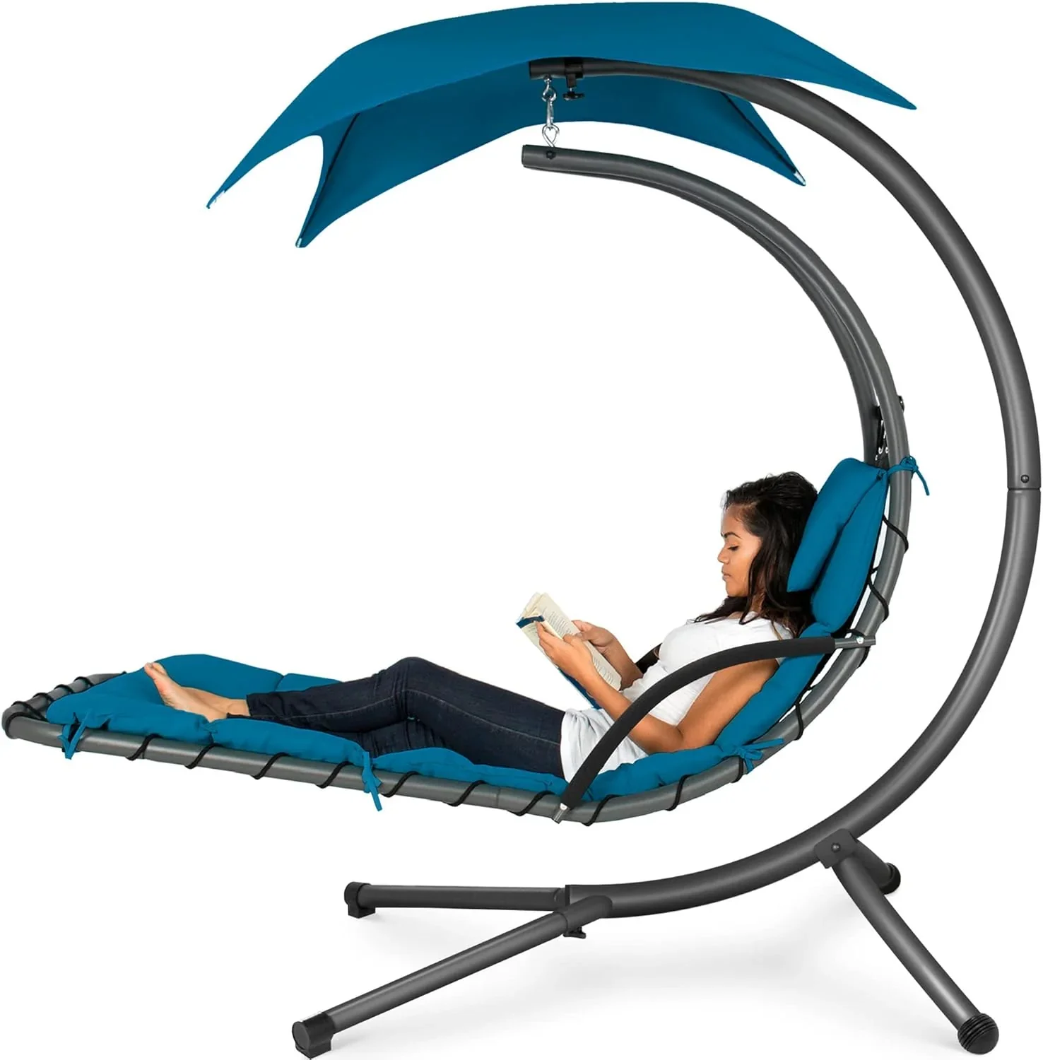 Best Choice Products Outdoor Hanging Curved Steel Chaise Lounge Chair Swing w/Built-in Pillow and Removable Canopy - Charcoal Gray - Image 29