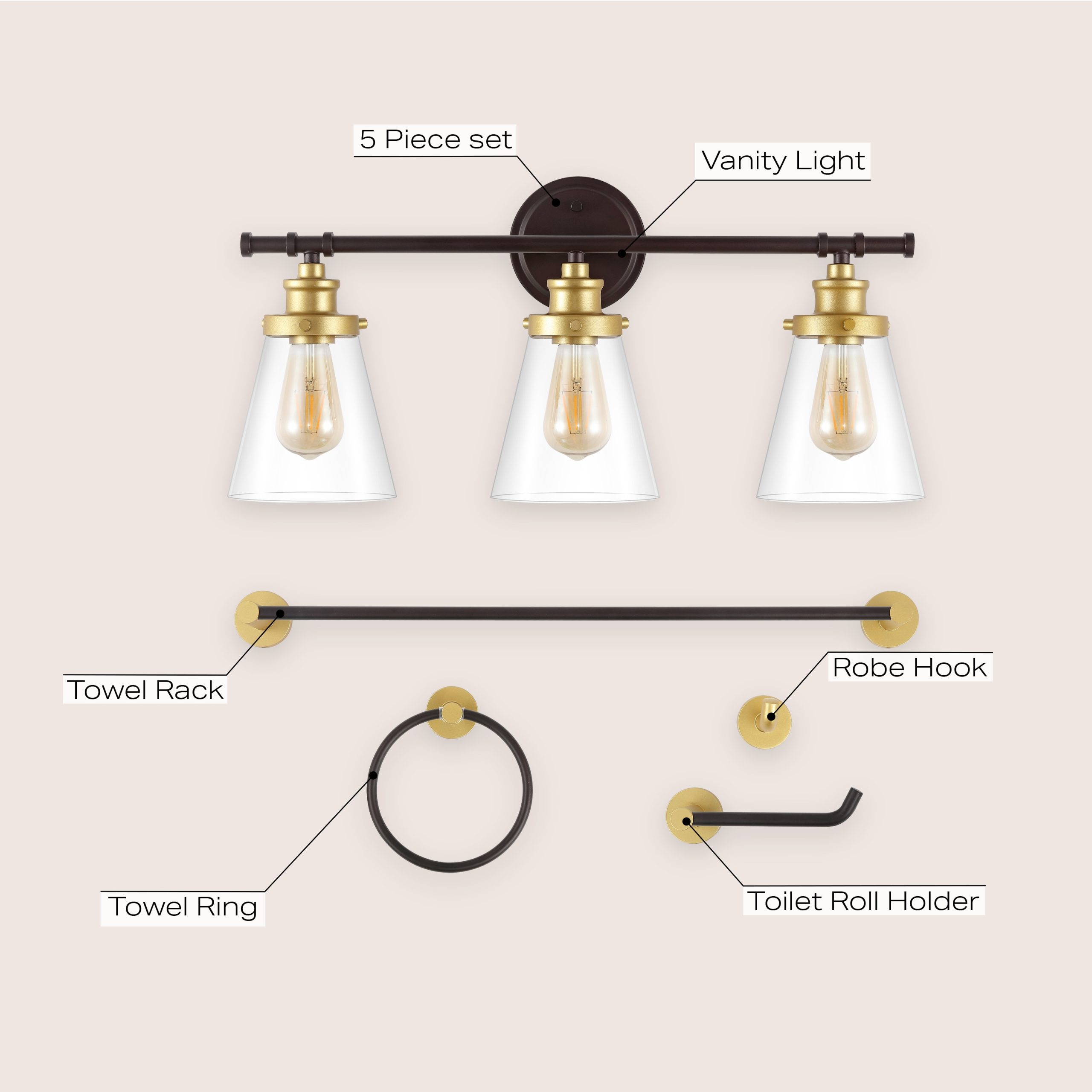 JONATHAN Y Hollis Traditional Farmhouse 5-Piece Vanity Light Set 23.75-in 3 Light Oil-rubbed Black Farmhouse Bathroom Vanity light - Image 4