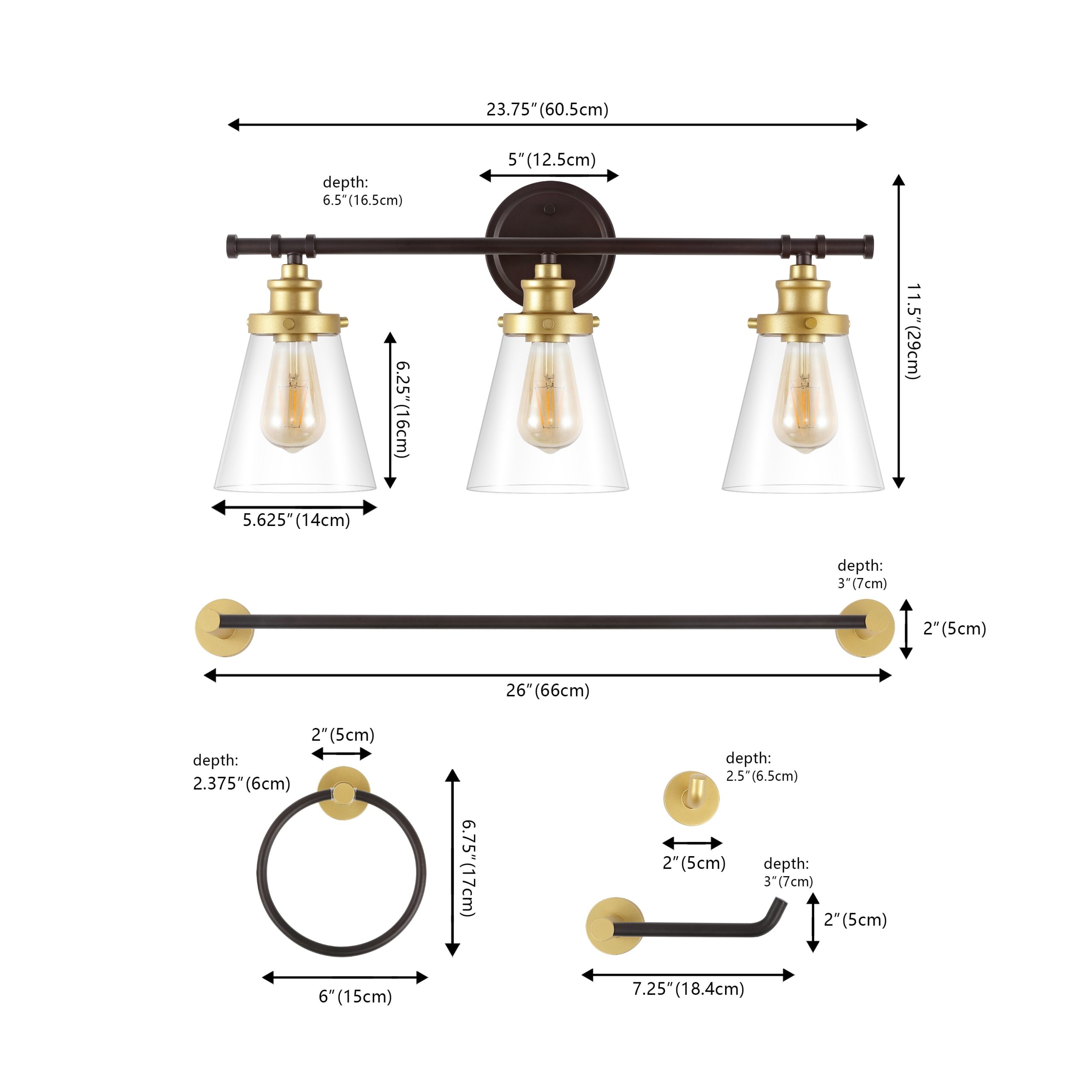 JONATHAN Y Hollis Traditional Farmhouse 5-Piece Vanity Light Set 23.75-in 3 Light Oil-rubbed Black Farmhouse Bathroom Vanity light - Image 5