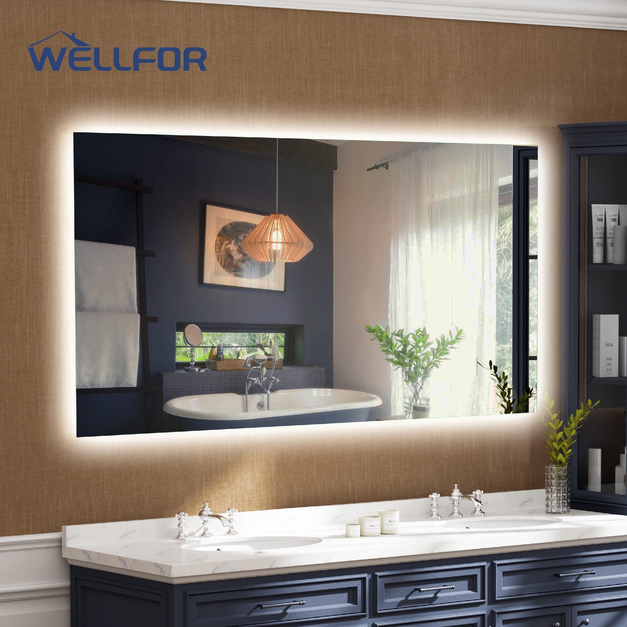 WELLFOR Kiran 72-in x 36-in Polished Frameless Rectangle Dimmable Lighted Fog Free Bathroom Vanity Mirror ( Silver )
