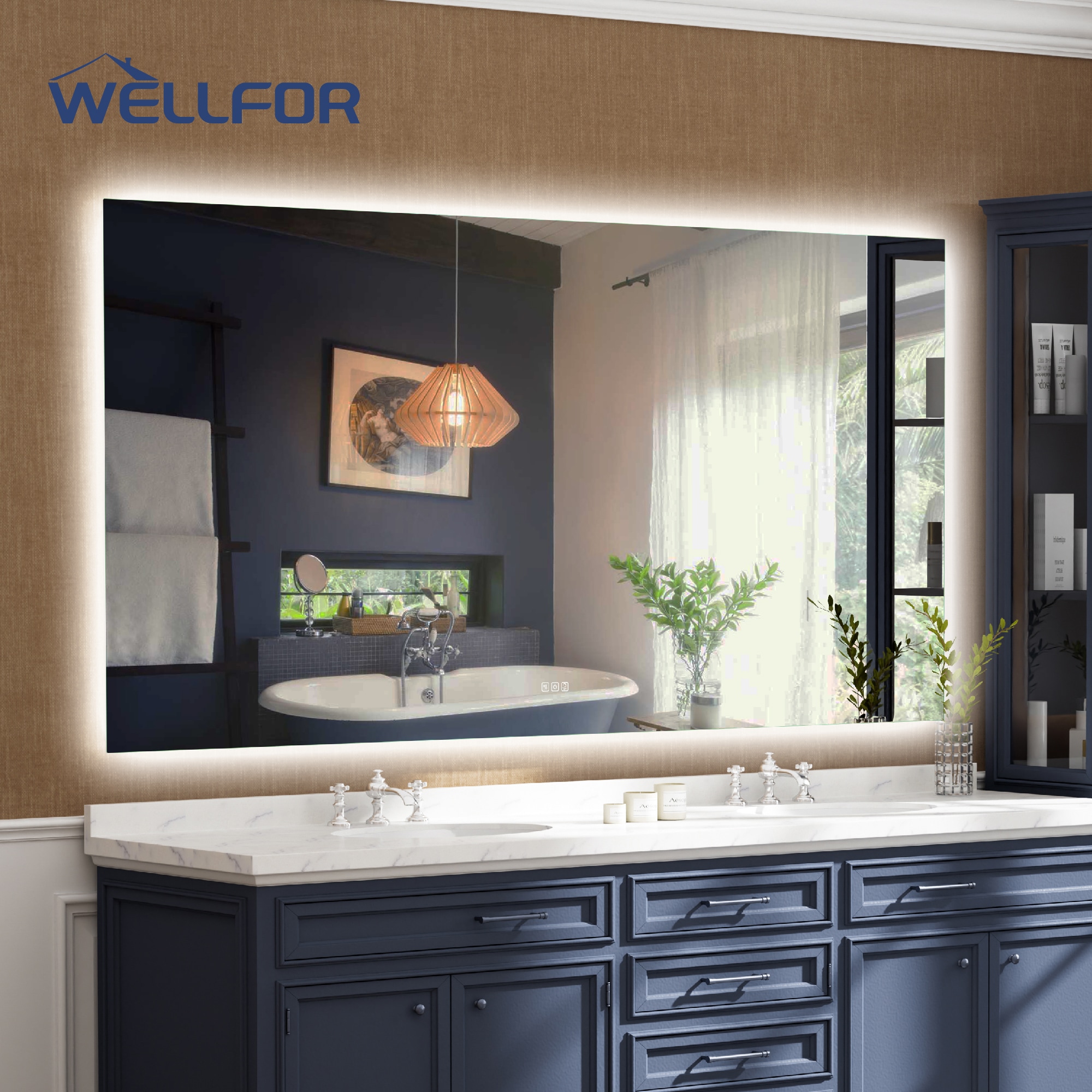 WELLFOR Kiran 84-in x 42-in Polished Frameless Rectangle Dimmable Lighted Fog Free Bathroom Vanity Mirror ( Silver )