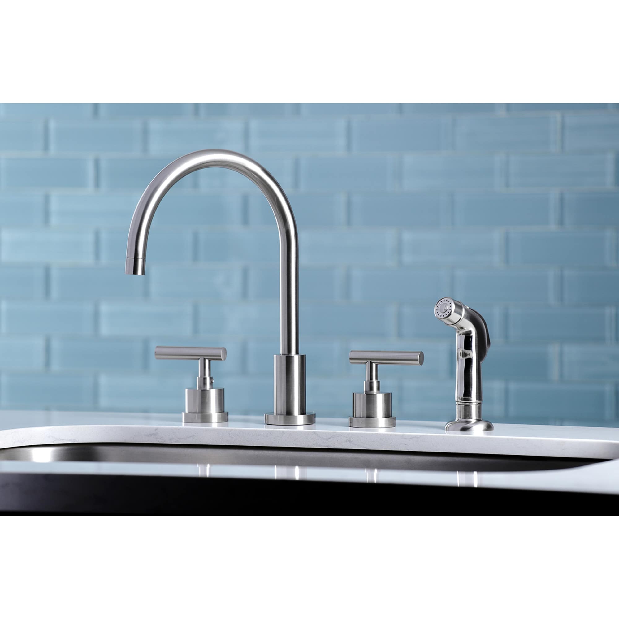 Elements of Design Manhattan Satin nickel Double Handle Deck-mount High arc (Includes Side Sprayer)