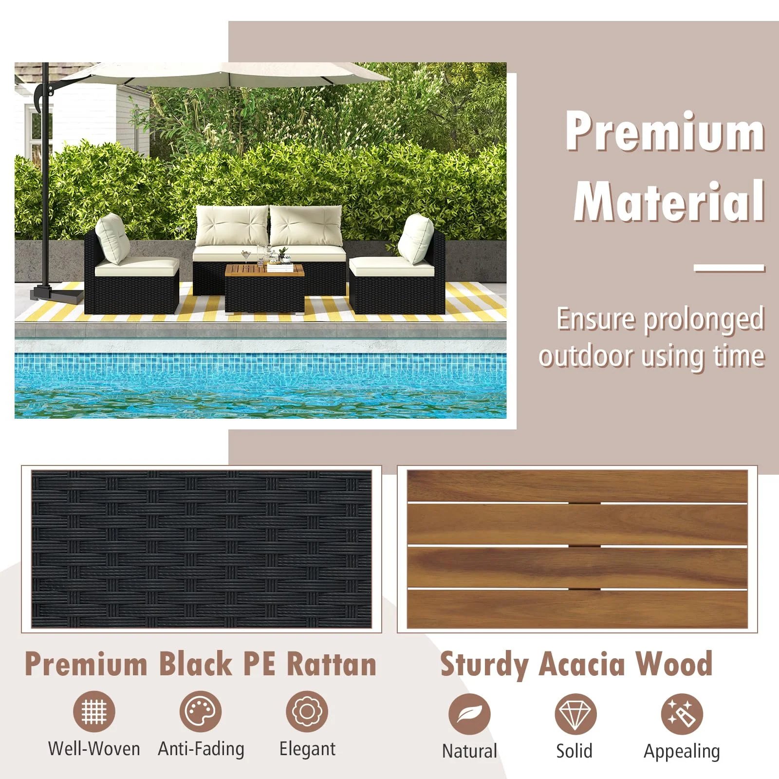 Tangkula 5 Piece Rattan Sofa Set, Patiojoy Outdoor Wicker Furniture Set with Seat & Back Cushions - Image 7