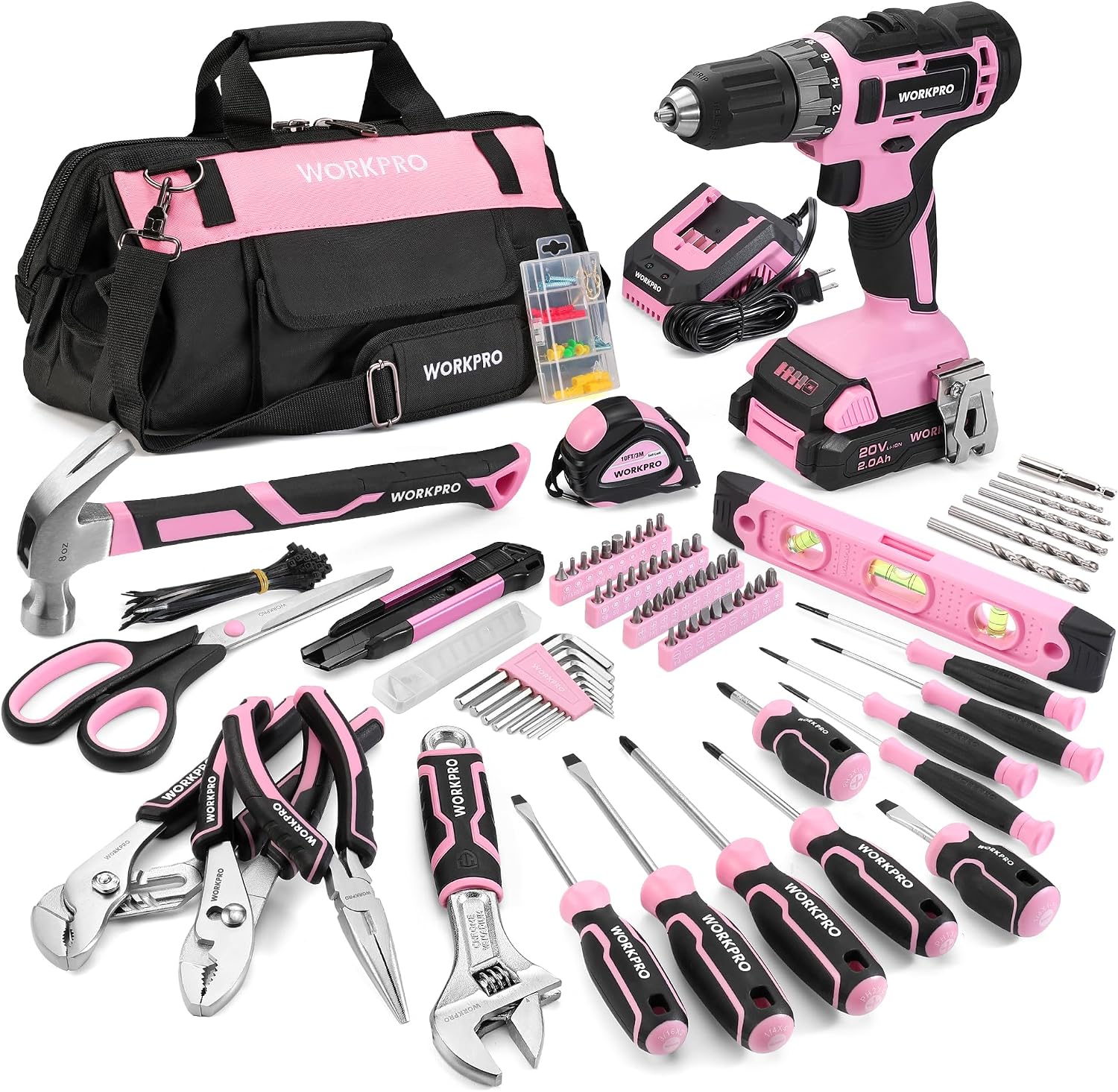 WORKPRO Pink Drill Set with UPGRADED Tool Bag, 157PCS Tool Kit For Home with 20V Cordless Drill Driver, Household Pink Tool Set including Screwdriver, Hammer, Tool Kit for Women and Men - Pink Ribbon