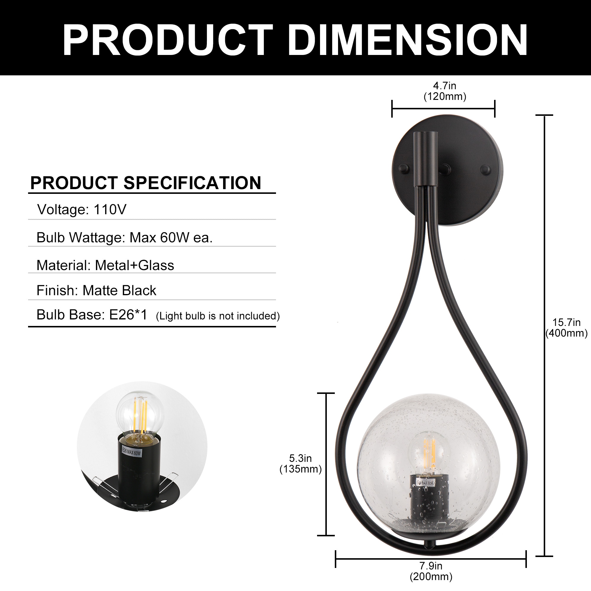 YANSUN 7.9-in 1 Light Black Vintage Vanity light - Image 4