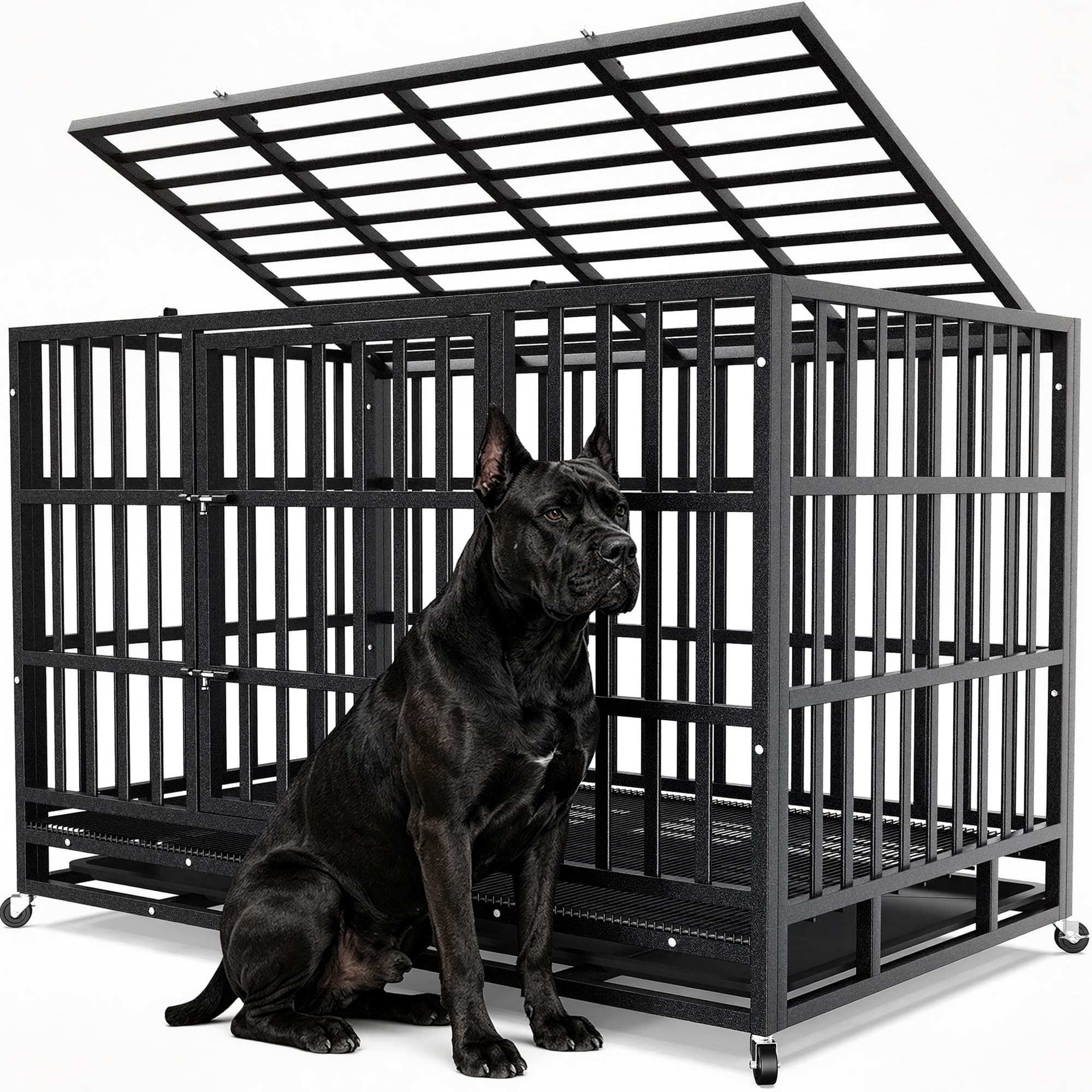 Hiwokk 48 Inch Heavy Duty Dog Crate, Indestructible Kennel for Large Dogs 38-96" for Small to All Breeds Dogs | Escape Proof Latch | Removable Tray | Chew-Proof Steel | Lockable Wheels | Easy-Clean