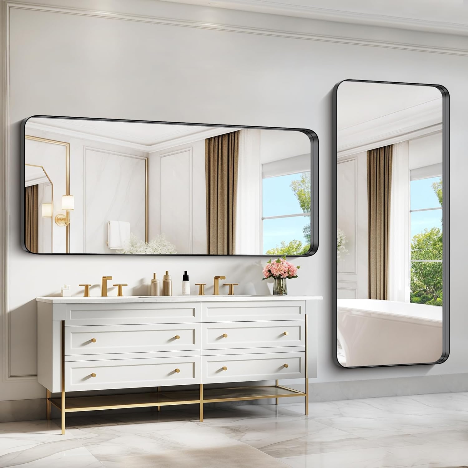 waterpar Framed Bathroom Mirror 40-in x 48-in Polished Rectangle Bathroom Vanity Mirror ( Matte Black ) - Image 4