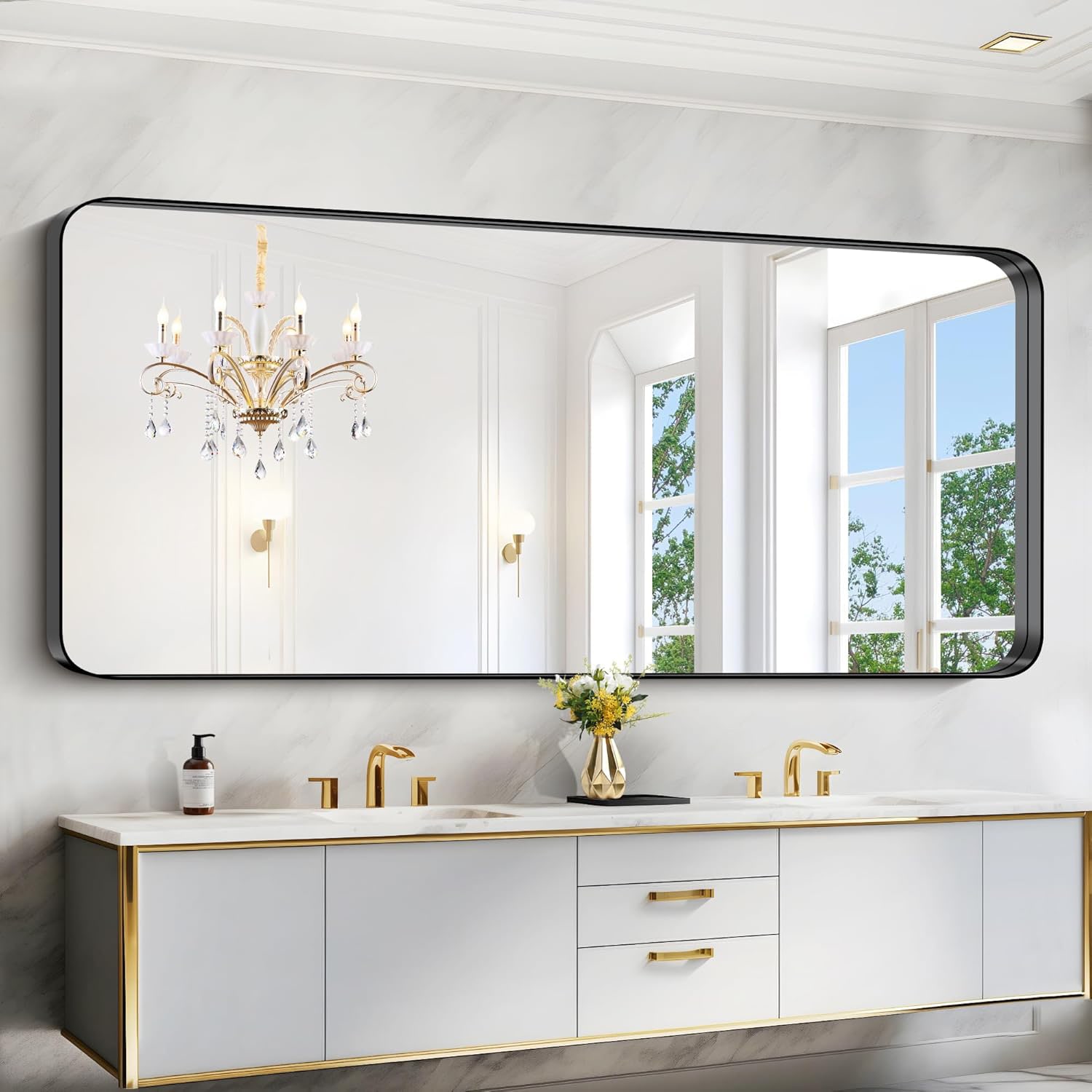 waterpar Framed Bathroom Mirror 40-in x 48-in Polished Rectangle Bathroom Vanity Mirror ( Matte Black )