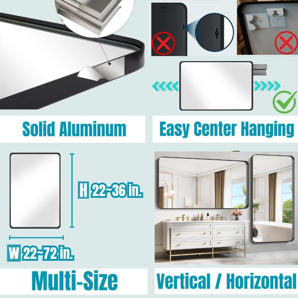 waterpar Framed Bathroom Mirror 40-in x 48-in Polished Rectangle Bathroom Vanity Mirror ( Matte Black ) - Image 2