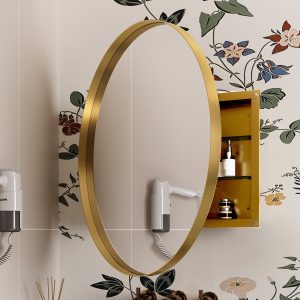 WELLFOR FS Medicine Cabinet 31.5-in x 31.5-in Recessed Mount Gold Mirrored Round Soft Close Medicine Cabinet