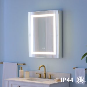 WELLFOR NIKA Medicine Cabinet 24-in x 30-in Lighted LED Fog Free Surface/Recessed Mount Silver Mirrored Rectangle Soft Close Medicine Cabinet with Outlet