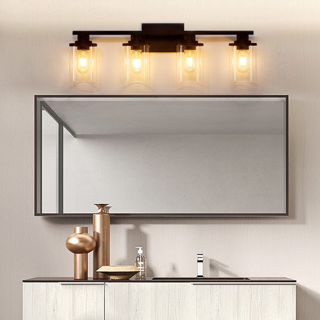 Fylbinye Matte Black Bathroom Vanity Light with Glass Shade 25-in 4 Light Matte Black Modern/contemporary Bathroom Vanity light bar - Image 8