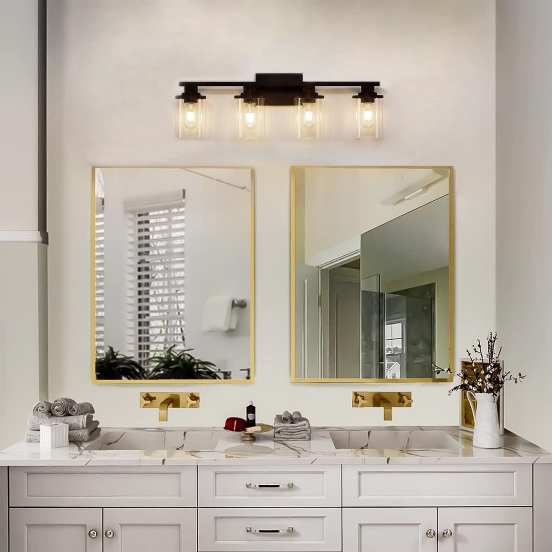 Fylbinye Matte Black Bathroom Vanity Light with Glass Shade 25-in 4 Light Matte Black Modern/contemporary Bathroom Vanity light bar - Image 6