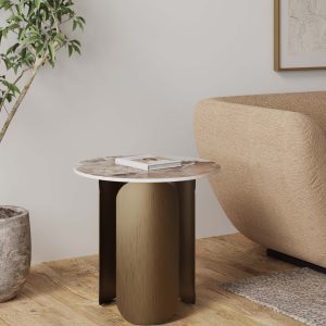 Manhattan Comfort 19.68-in W x 19.29-in H Gold Stone Round Glam End Table