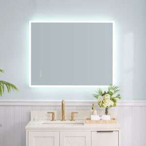 WELLFOR KOLE LED Bathroom Mirror 28-in x 36-in Polished Frameless Rectangle Dimmable LED Lighted Fog Free Bathroom Vanity Mirror ( Silver )