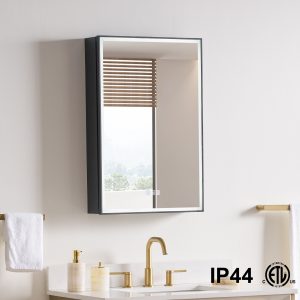 WELLFOR AYLA Medicine Cabinet 20-in x 30-in Lighted LED Fog Free Surface/Recessed Mount Black Rectangle Soft Close Medicine Cabinet with Outlet