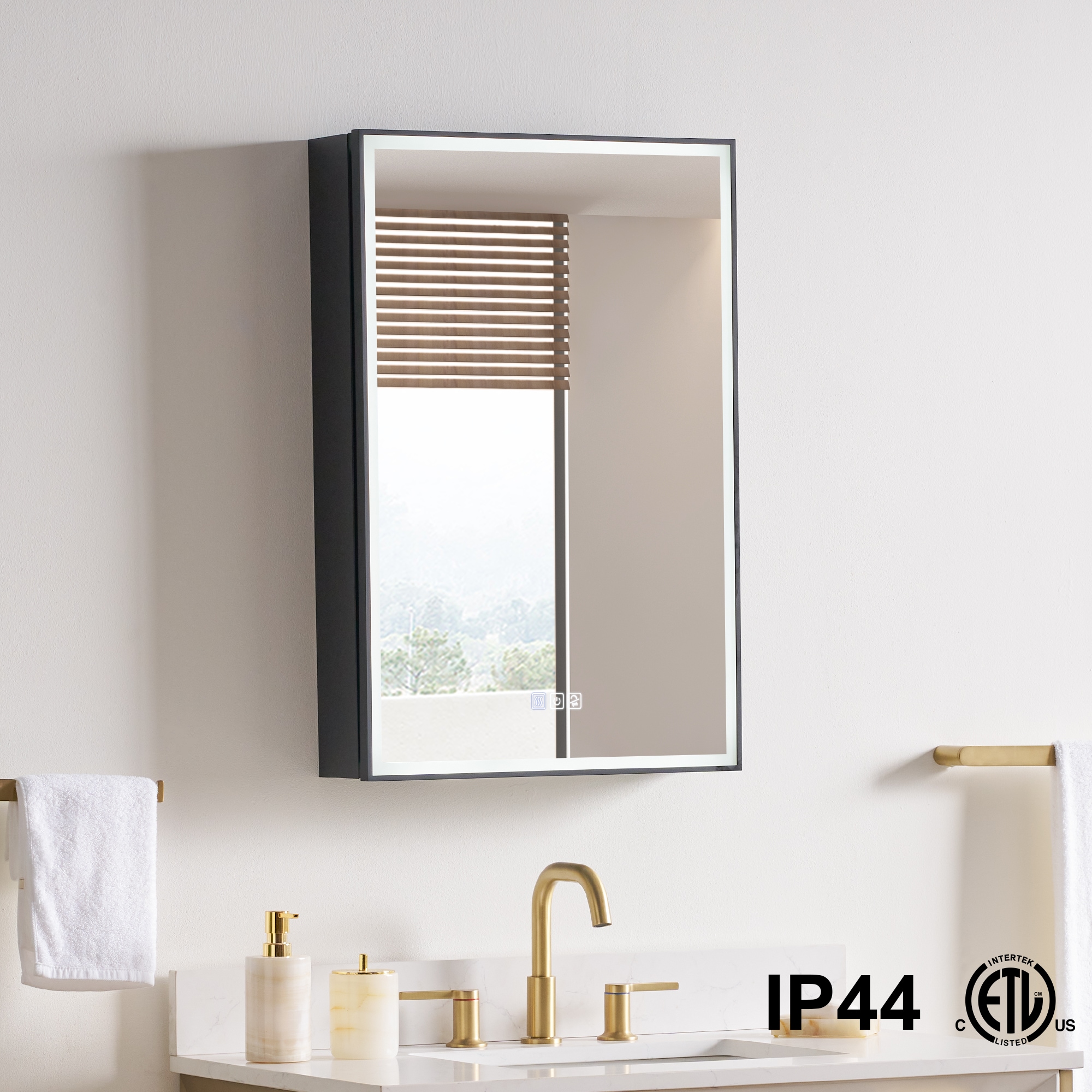 WELLFOR AYLA Medicine Cabinet 20-in x 30-in Lighted LED Fog Free Surface/Recessed Mount Black Rectangle Soft Close Medicine Cabinet with Outlet