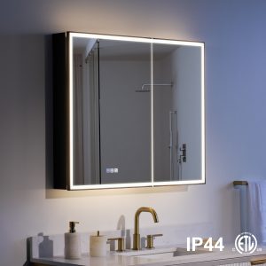 WELLFOR AYLA Medicine Cabinet 36-in x 30-in Lighted LED Fog Free Surface/Recessed Mount Black Rectangle Soft Close Medicine Cabinet with Outlet