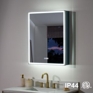 WELLFOR AYLA Medicine Cabinet 24-in x 30-in Lighted LED Fog Free Surface/Recessed Mount Black Rectangle Soft Close Medicine Cabinet with Outlet