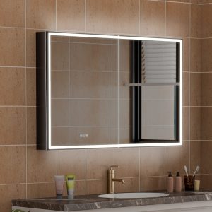 WELLFOR AYLA Medicine Cabinet 48-in x 30-in Lighted LED Fog Free Surface/Recessed Mount Black Mirrored Rectangle Soft Close Medicine Cabinet with Outlet