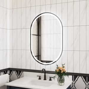 WELLFOR Helio Lighted Mirror 24-in x 36-in Framed Oval Dimmable Lighted Fog Free Bathroom Vanity Mirror ( Black )