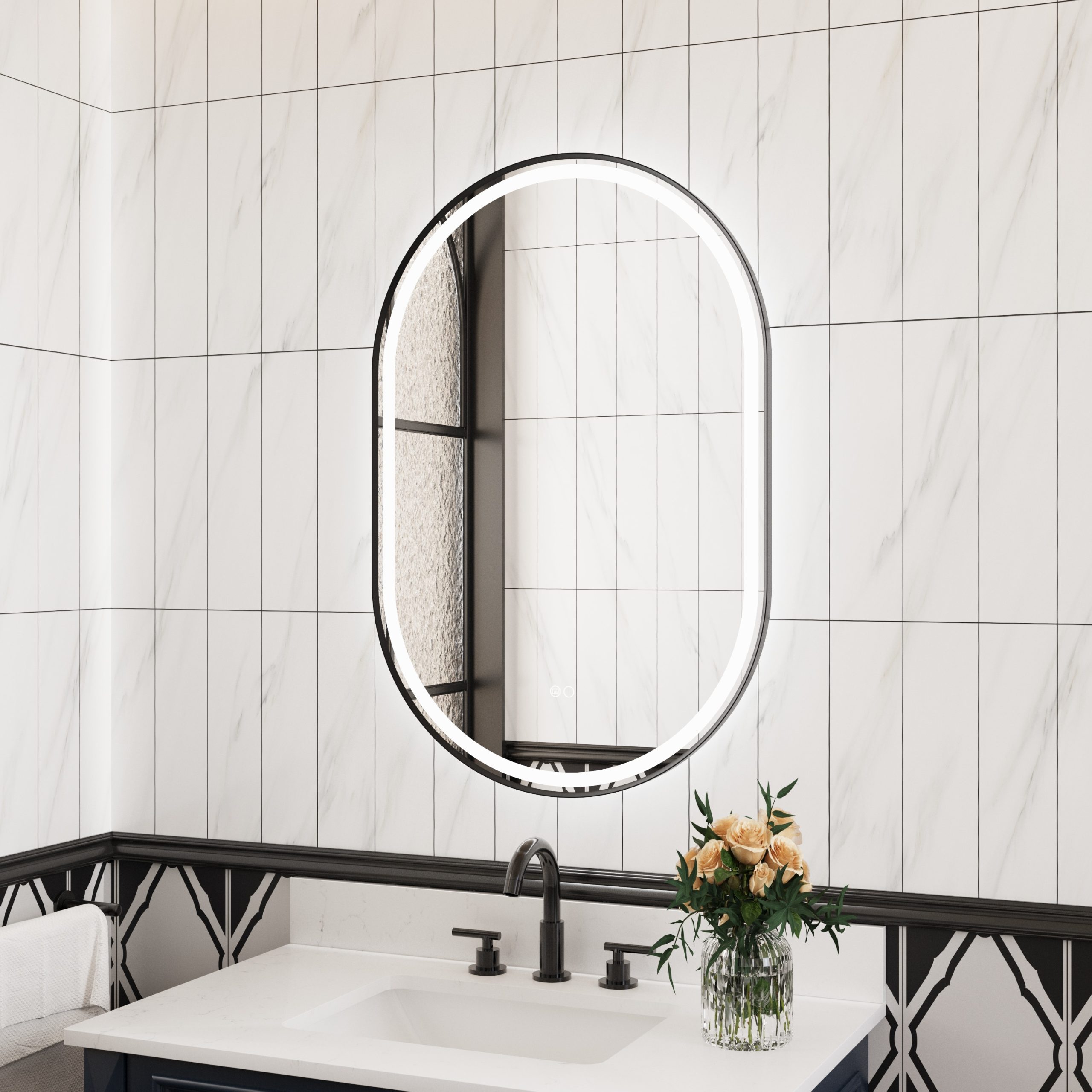WELLFOR Helio Lighted Mirror 24-in x 36-in Framed Oval Dimmable Lighted Fog Free Bathroom Vanity Mirror ( Black )
