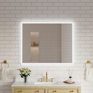 WELLFOR KOLE LED Bathroom Mirror 40-in x 32-in Polished Frameless Rectangle Dimmable LED Lighted Fog Free Bathroom Vanity Mirror ( Silver )