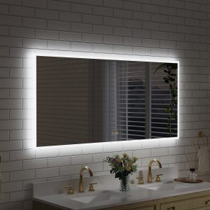 WELLFOR KOLE LED Bathroom Mirror 60-in x 28-in Polished Frameless Rectangle Dimmable LED Lighted Fog Free Bathroom Vanity Mirror ( Silver )
