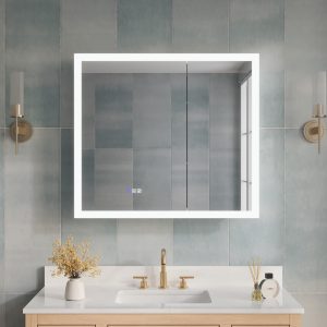 WELLFOR AURORA Medicine Cabinet 36-in x 32-in Lighted LED Fog Free Surface/Recessed Mount Silver Mirrored Rectangle Soft Close Medicine Cabinet