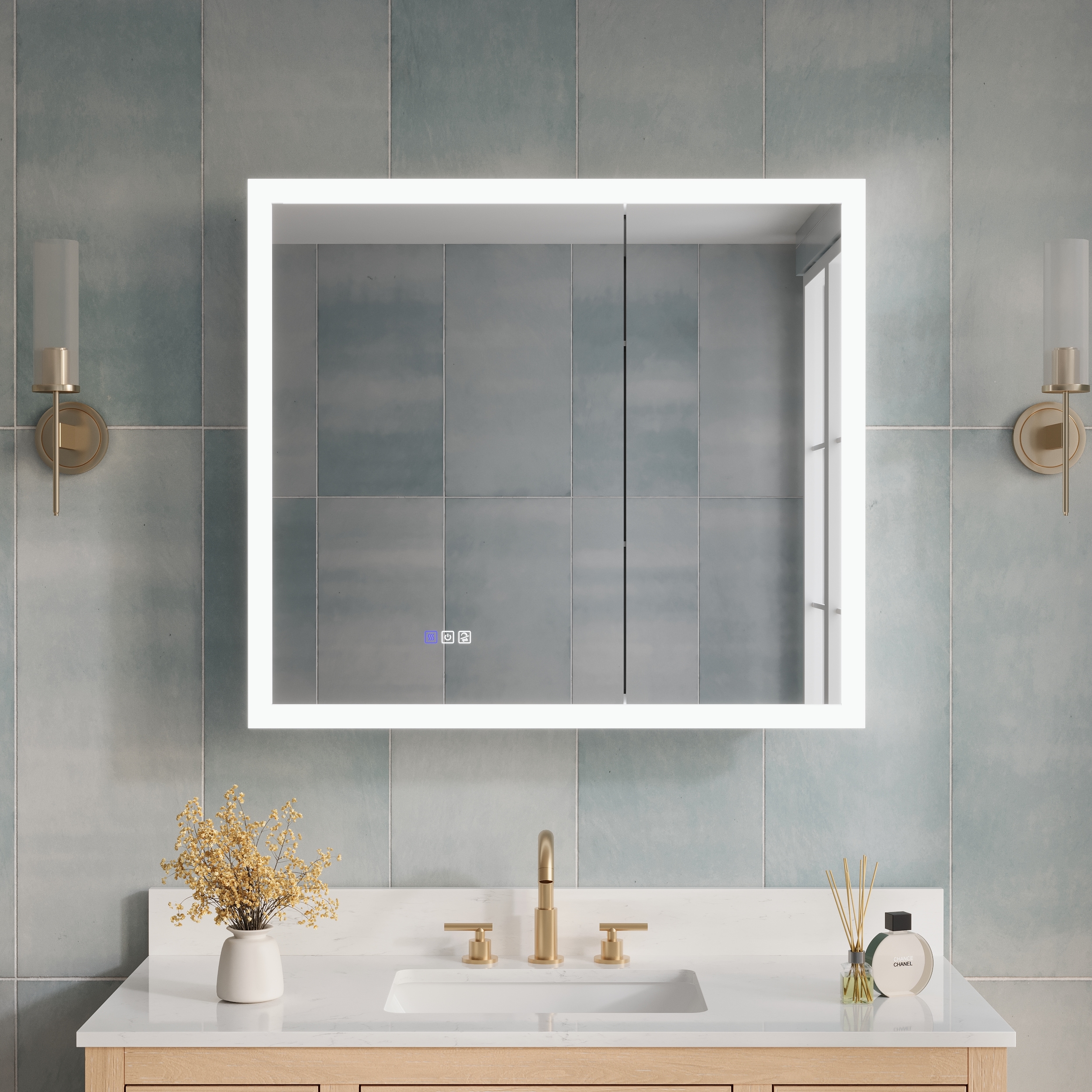 WELLFOR AURORA Medicine Cabinet 36-in x 32-in Lighted LED Fog Free Surface/Recessed Mount Silver Mirrored Rectangle Soft Close Medicine Cabinet
