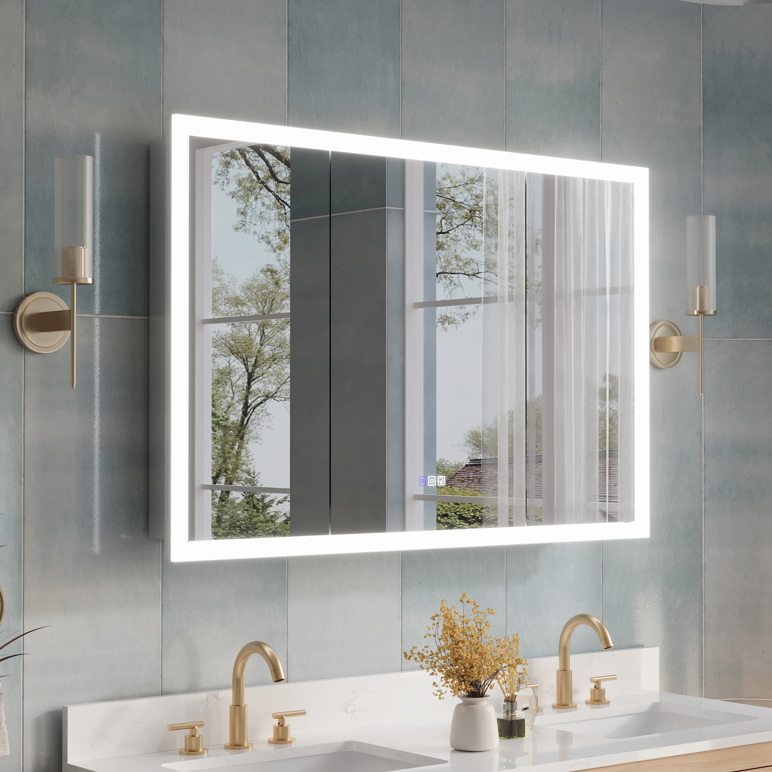 WELLFOR AURORA Medicine Cabinet 48-in x 32-in Lighted LED Fog Free Surface/Recessed Mount Silver Mirrored Rectangle Soft Close Medicine Cabinet