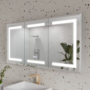 WELLFOR HH Beveled LED Lighted Medicine Cabinet 48-in x 24-in Lighted LED Fog Free Surface/Recessed Mount Silver Mirrored Rectangle Soft Close Medicine Cabinet