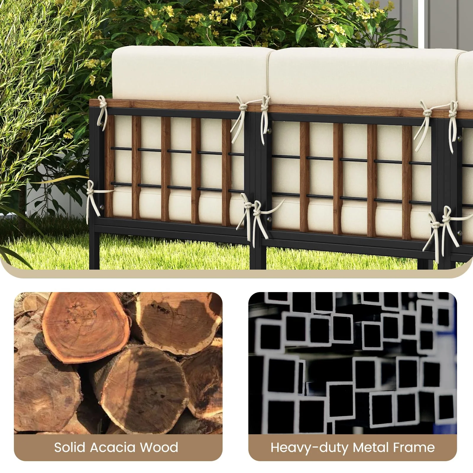 Tangkula 6 Pieces Acacia Wood Patio Furniture Set, Patiojoy Outdoor Sectional Conversation Sofa Set with Cushions - Image 9