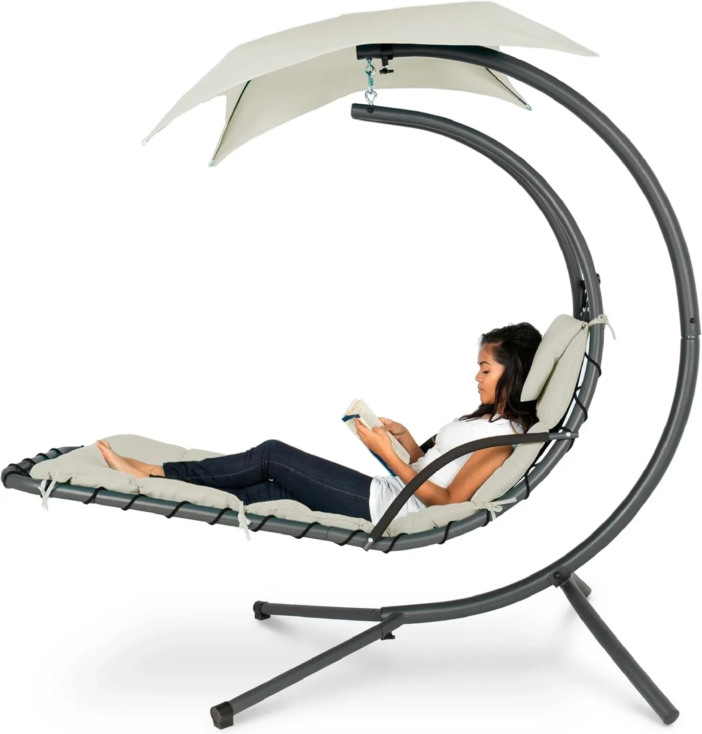 Best Choice Products Outdoor Hanging Curved Steel Chaise Lounge Chair Swing w/Built-in Pillow and Removable Canopy - Charcoal Gray - Image 30
