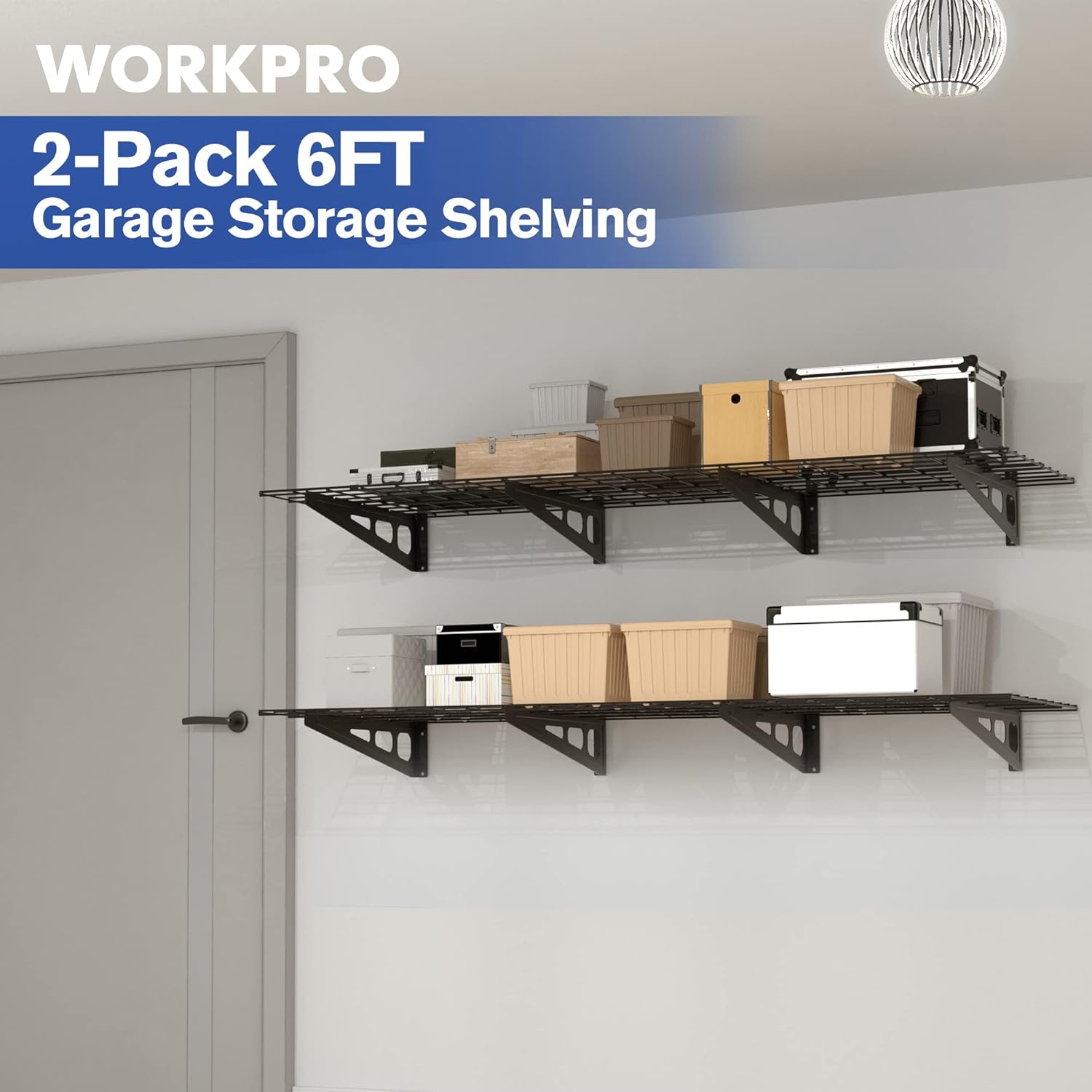 WORKPRO 2-Pack 2x6FT Garage Wall Shelving, 72” x 24” Heavy Duty Wall Mounted Shelving, 800lbs Load Capacity (Total), Metal Wall Shelves Suitable for Shop, Shed, Garage Storage, Black, 1 Sets - Image 5