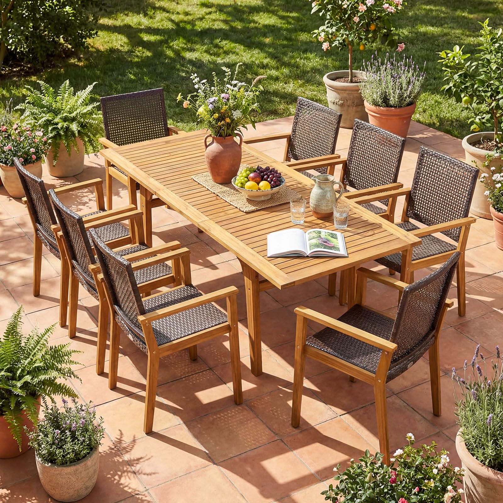 Tangkula 9 Pieces Patio Table and Chairs Set with Acacia Wood Expandable Table and 8 PE Rattan Armchairs - Image 3