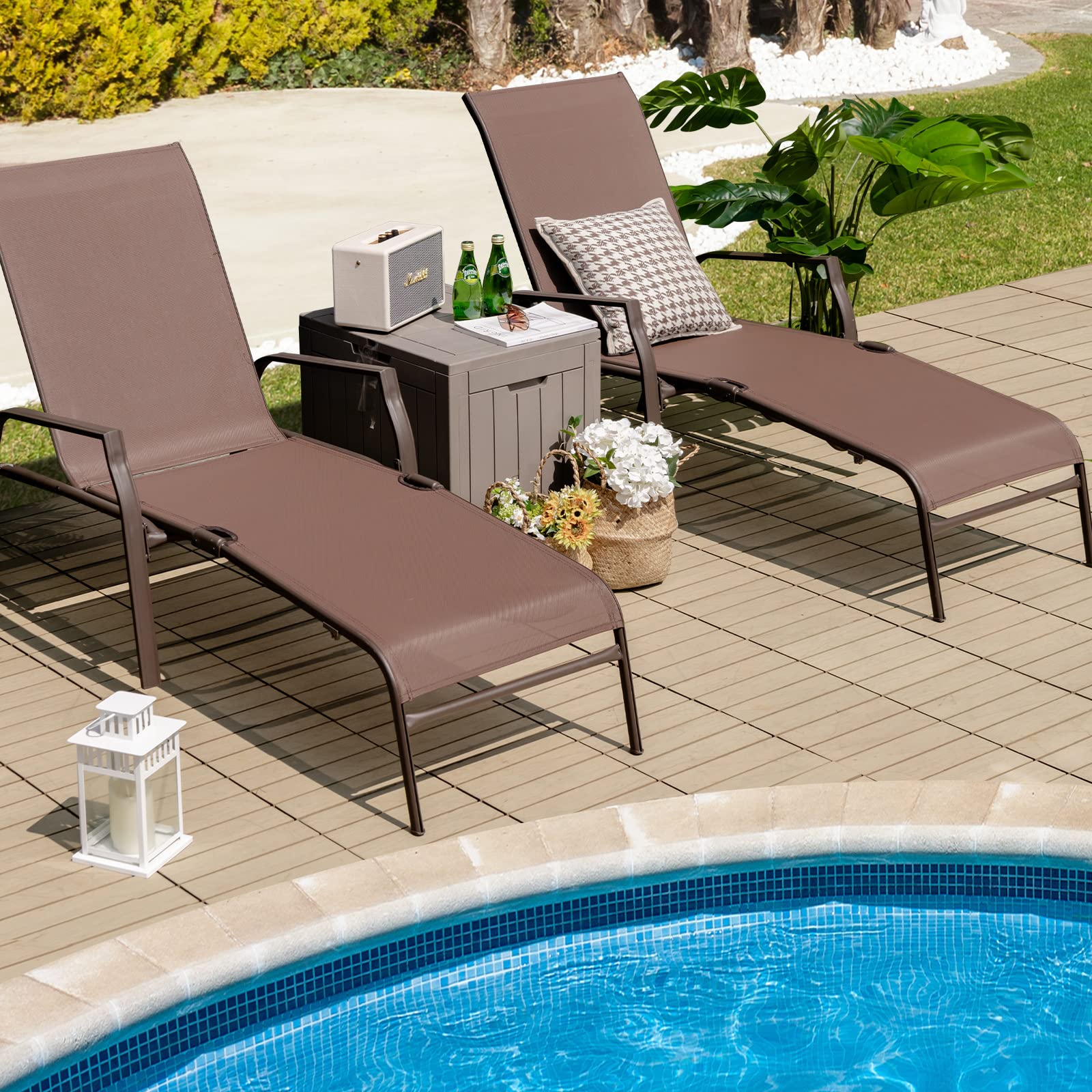 Tangkula 2 Piece Patio Adjustable Folding Stackable Chaise Lounge W/ 5-Position Backrest (Brown) - Image 2