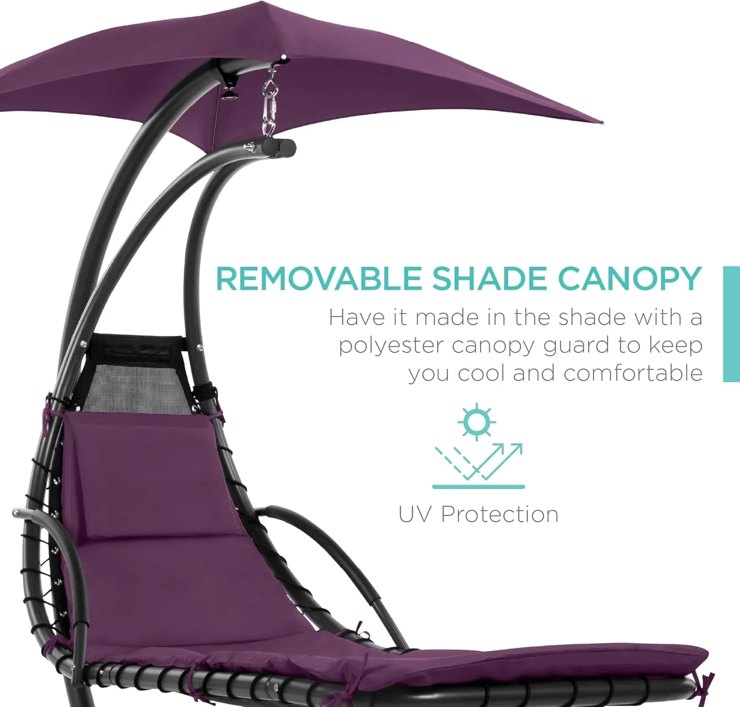 Best Choice Products Outdoor Hanging Curved Steel Chaise Lounge Chair Swing w/Built-in Pillow and Removable Canopy - Charcoal Gray - Image 66