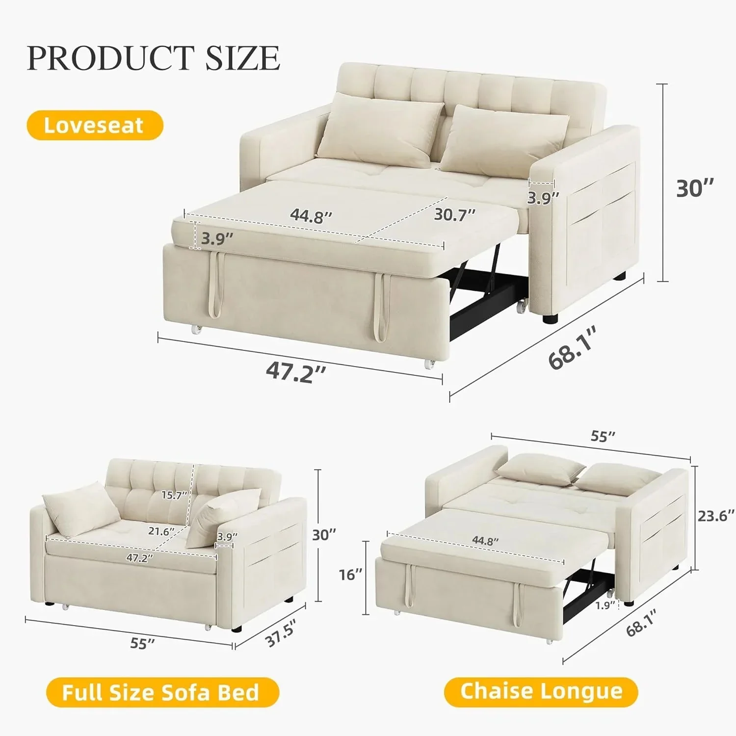 DWVO 3-in-1 Convertible Sofa Bed, 55" Sleeper Sofa with Pull-Out Bed, Cat-Scratch-Proof Fabric Futon Couch with Adjustable Backrest and Side Pocket, Loveseat for Living Room Apartment, Grey - Image 2