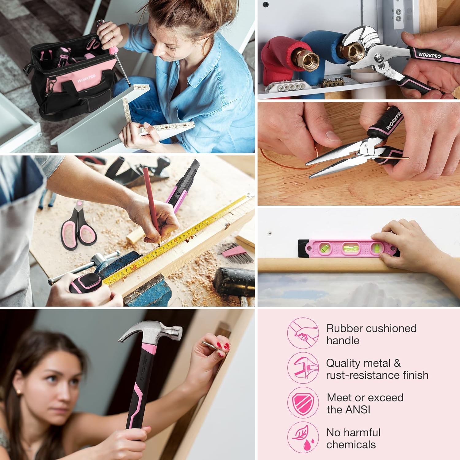 WORKPRO Pink Drill Set with UPGRADED Tool Bag, 157PCS Tool Kit For Home with 20V Cordless Drill Driver, Household Pink Tool Set including Screwdriver, Hammer, Tool Kit for Women and Men - Pink Ribbon - Image 7