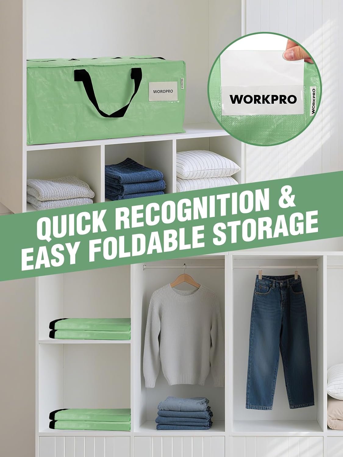 WORKPRO 8 Pack Extra Large Moving Bags with Zippers & Carrying Handles Backpack Straps, Heavy-Duty Storage Tote for Space Saving & Storage, Alternative to Moving Box (Green) - Image 8