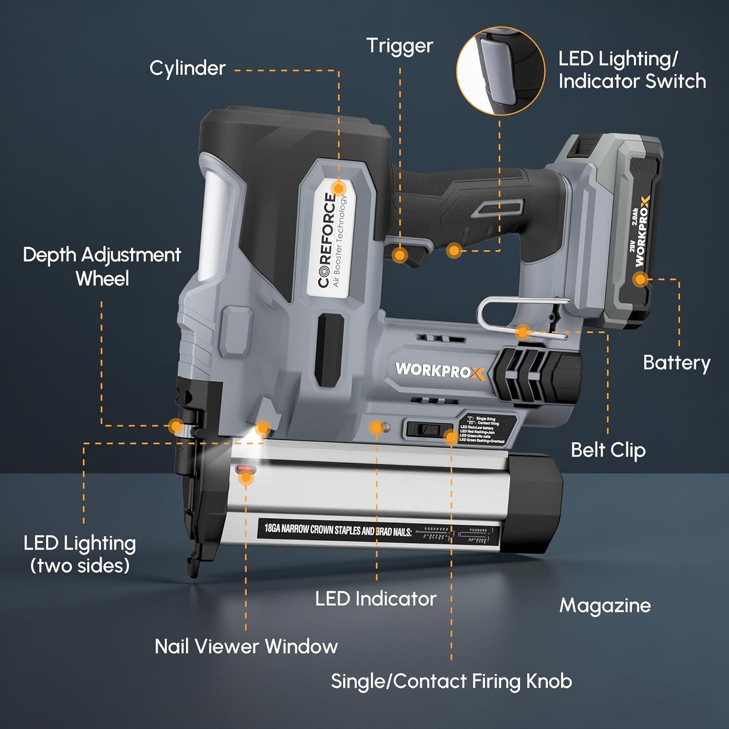 WORKPROX 20V Cordless Brad Nailer Kit, 18 Gauge 2-in-1 Nail & Staple Gun with 2.0Ah Rechargeable Battery, 1000 Staples & 1000 Nails, for Woodworking, Upholstery, DIY Projects & Home Improvement - Image 8