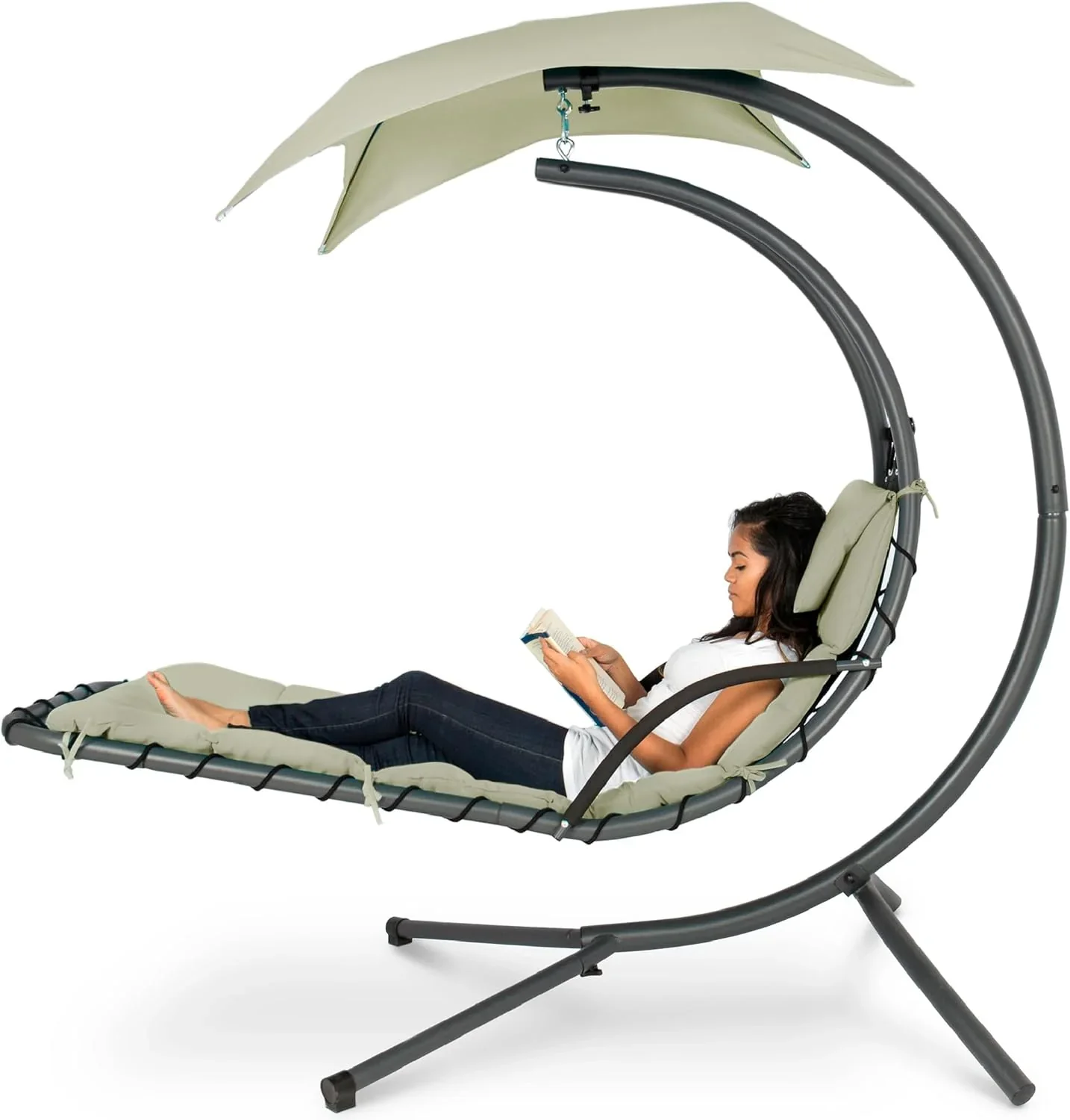 Best Choice Products Outdoor Hanging Curved Steel Chaise Lounge Chair Swing w/Built-in Pillow and Removable Canopy - Charcoal Gray - Image 11