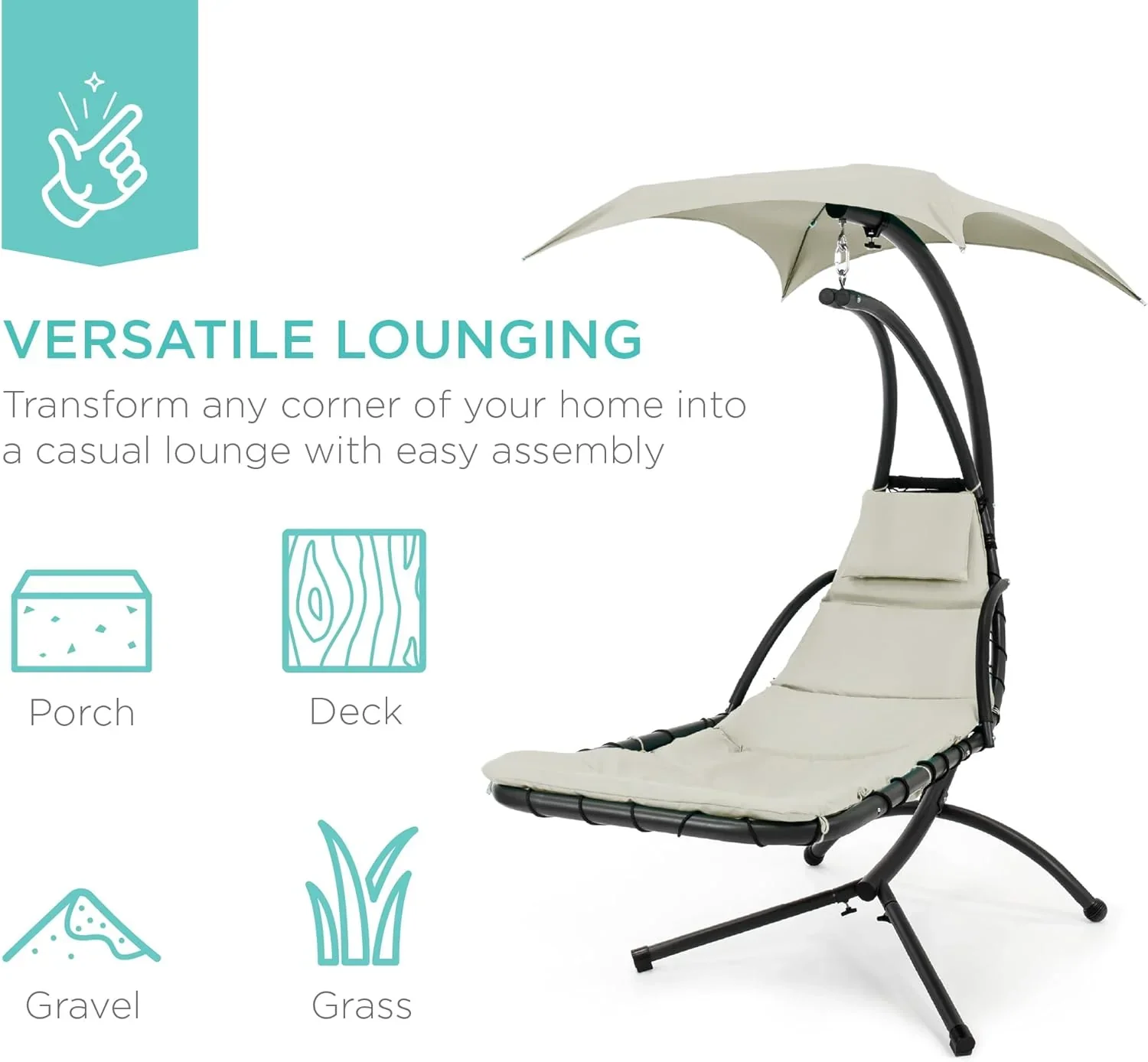 Best Choice Products Outdoor Hanging Curved Steel Chaise Lounge Chair Swing w/Built-in Pillow and Removable Canopy - Charcoal Gray - Image 126