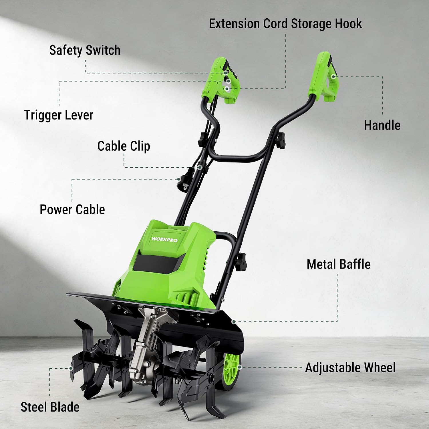 WORKPRO Corded Electric Garden Tiller & Cultivator, 16" Tilling Width & 8.7" Depth, 12.5A Corded Rototiller, 6 Steel Tines, 4-Position Adjustable Wheels, for Garden, Lawn & Flower Beds - Image 6