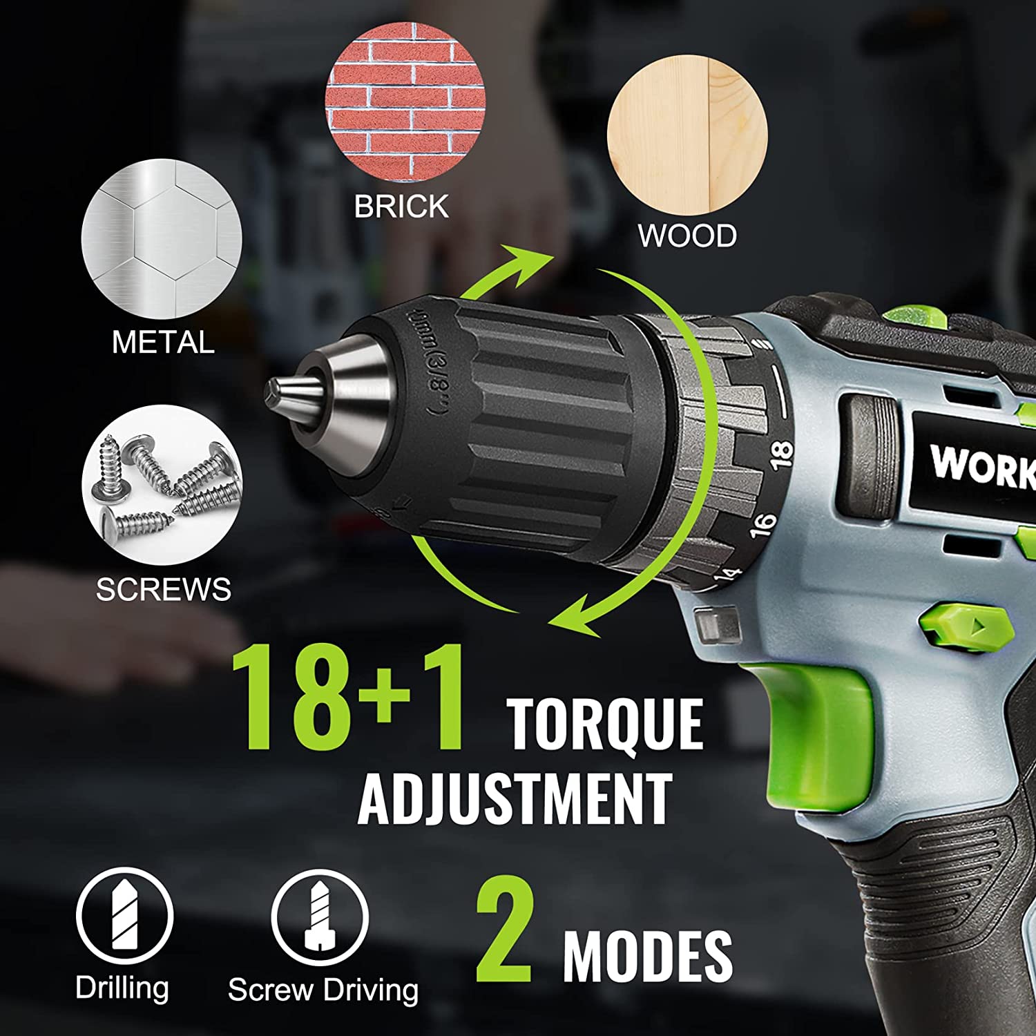 WORKPRO 20V Cordless Drill Driver Kit, 2.0 Ah Li-ion Battery, 1 Hour Fast Charger and 11-inch Green Storage Bag Included - Image 4