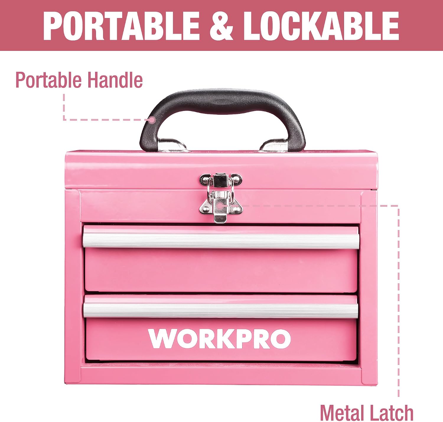 WORKPRO Portable & 12.5" Mini Metal Tool Box, Top Tool Chest Containing Two Drawers - Pink Ribbon - Image 4