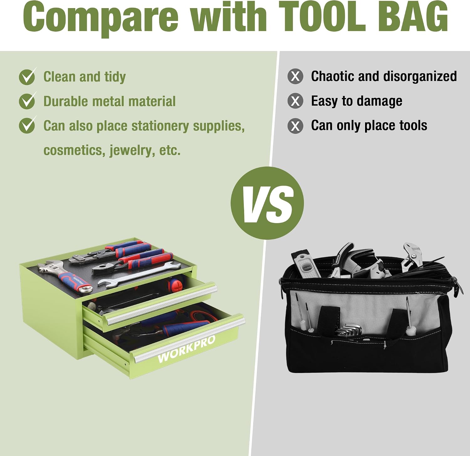 WORKPRO Portable & 12.5" Mini Metal Tool Box, Top Tool Chest Containing Two Drawers, Macaron Green - Image 9