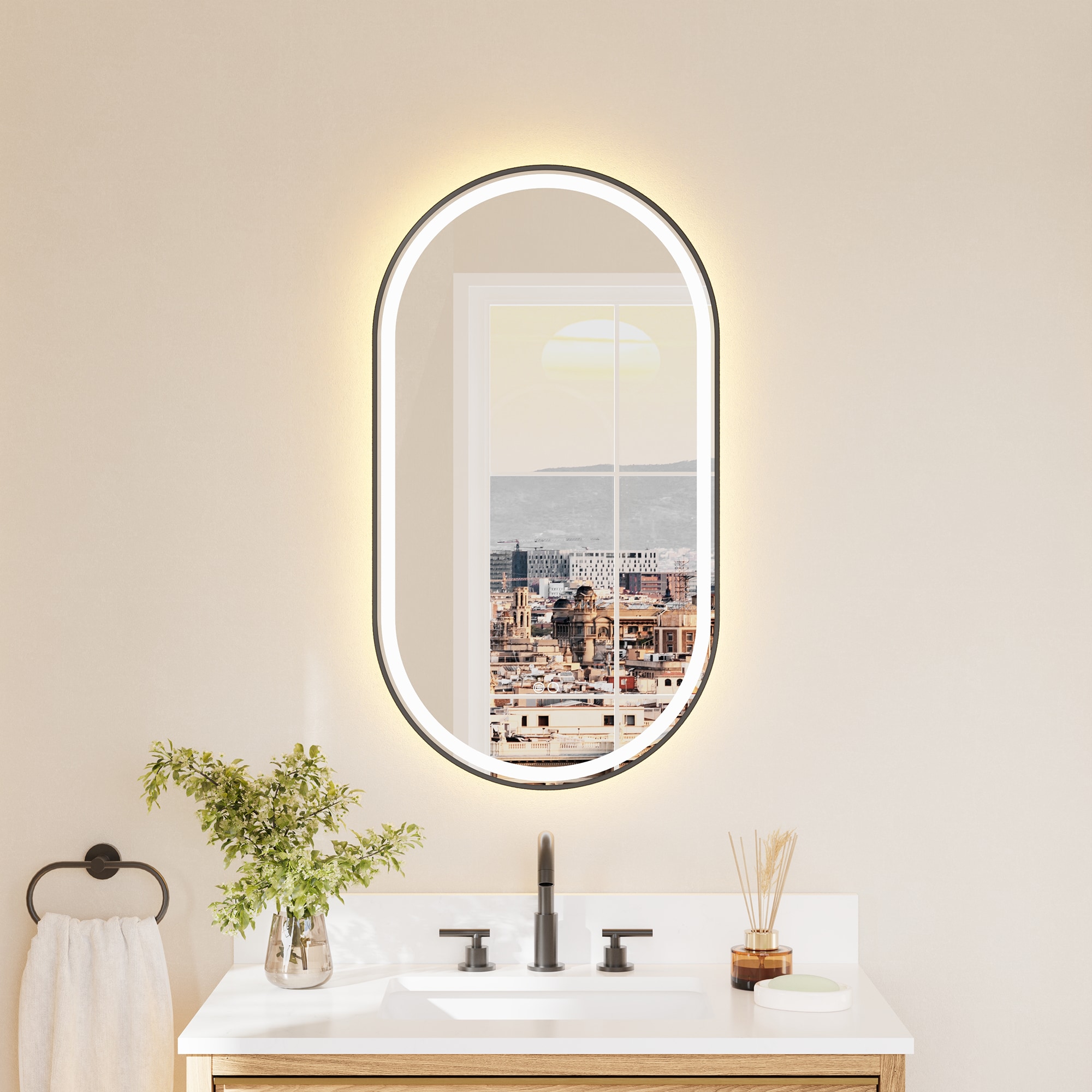 CALVON B16 20-in x 36-in Framed Oval Dimmable LED Lighted Fog Free Bathroom Vanity Mirror ( Black )