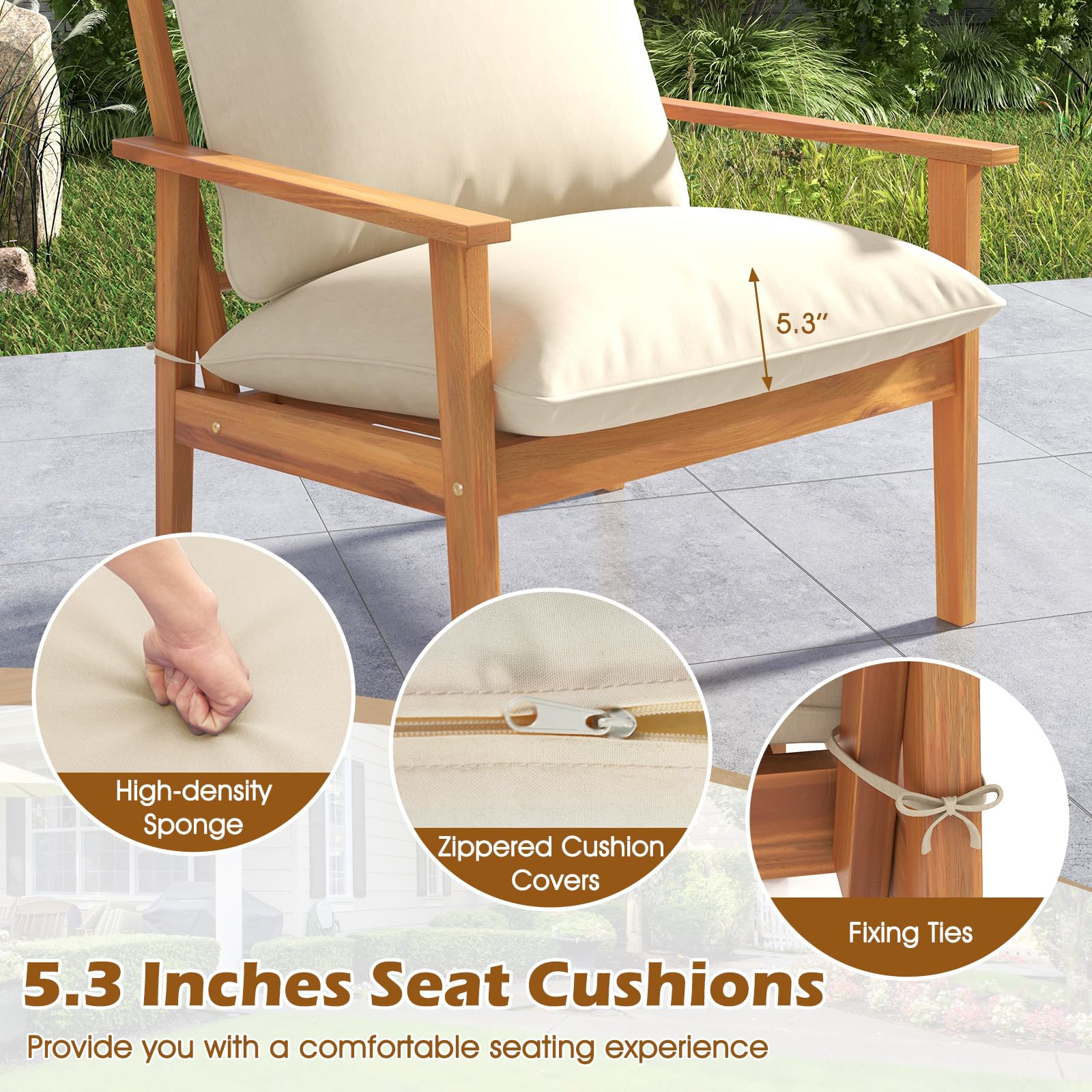 Tangkula 4 Pieces Patio Furniture Set, Outdoor Acacia Wood Conversation Set with Soft Cushions and Coffee Table - Image 6